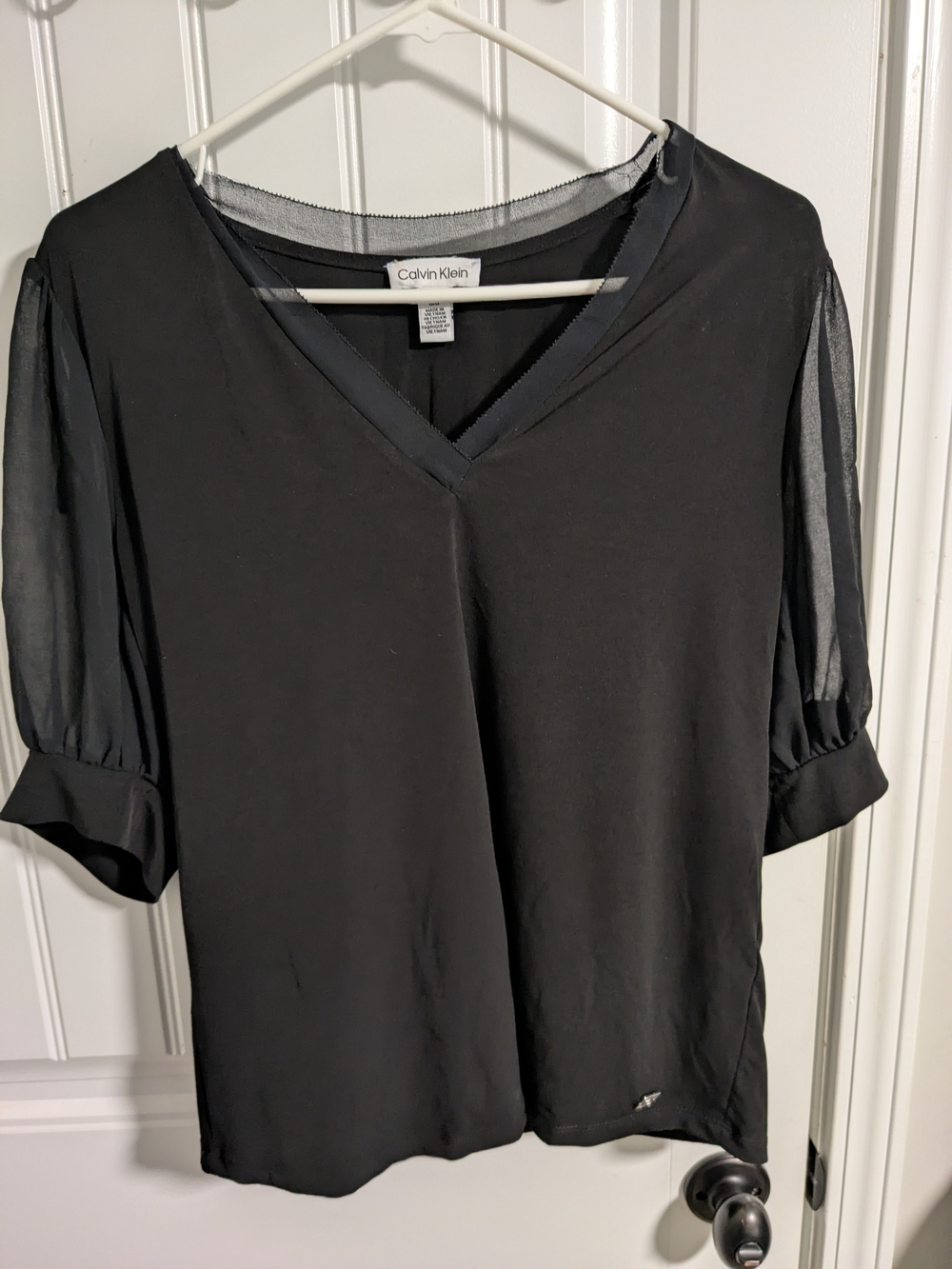 Calvin Klein Black V-Neck Top with Semi Sheer Sleeves - Large